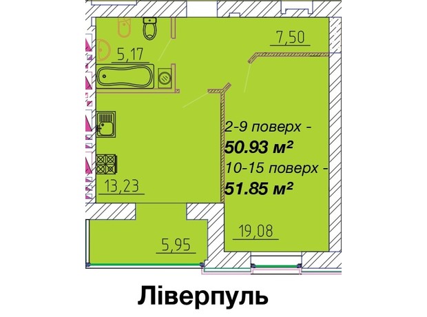 ЖК Графський: планування 1-кімнатної квартири 51.85 м²