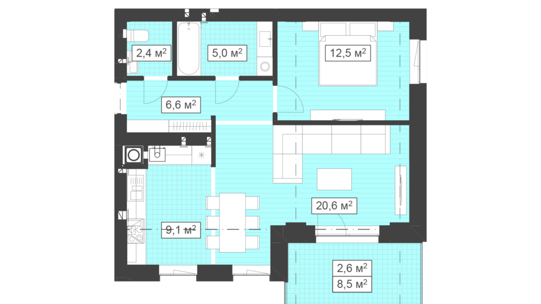 Планування 2-кімнатної квартири в ЖК Q-7 Quoroom Ice 58.8 м², фото 565838