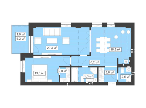 ЖК Q-7 Quoroom Ice: планування 2-кімнатної квартири 70.8 м²