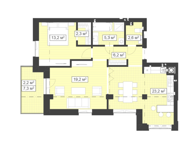 ЖК Q-7 Quoroom Ice: планування 2-кімнатної квартири 74.2 м²