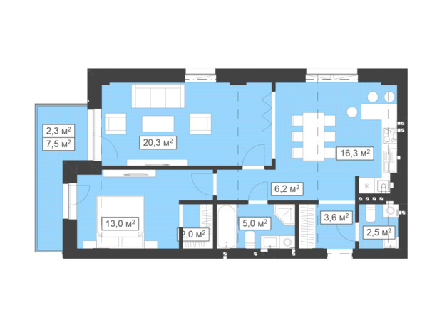 ЖК Q-7 Quoroom Ice: планировка 2-комнатной квартиры 71.2 м²