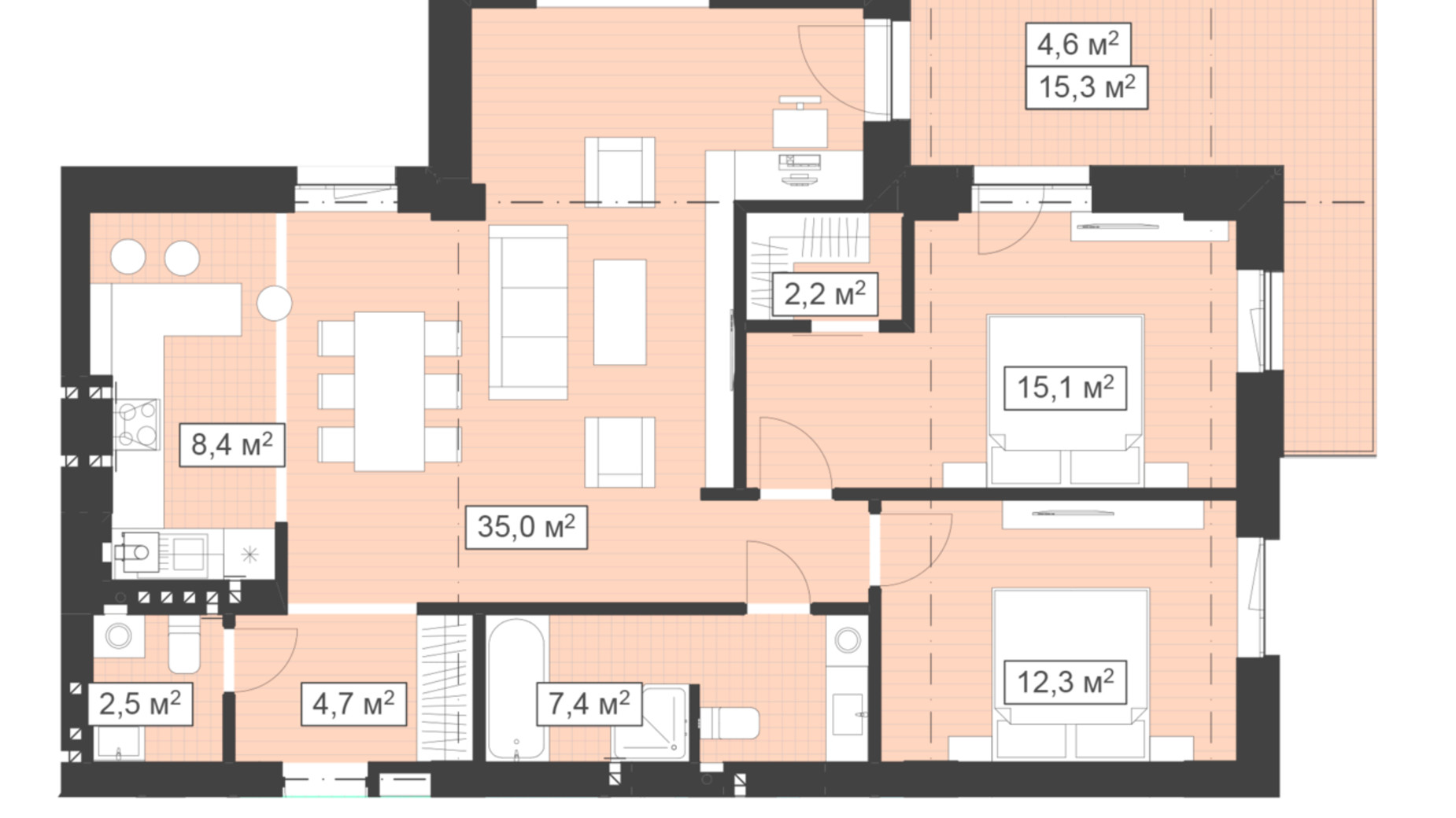 Планування 3-кімнатної квартири в ЖК Q-7 Quoroom Ice 92.2 м², фото 565848