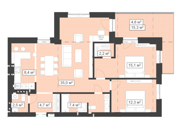 ЖК Q-7 Quoroom Ice: планировка 3-комнатной квартиры 92.2 м²