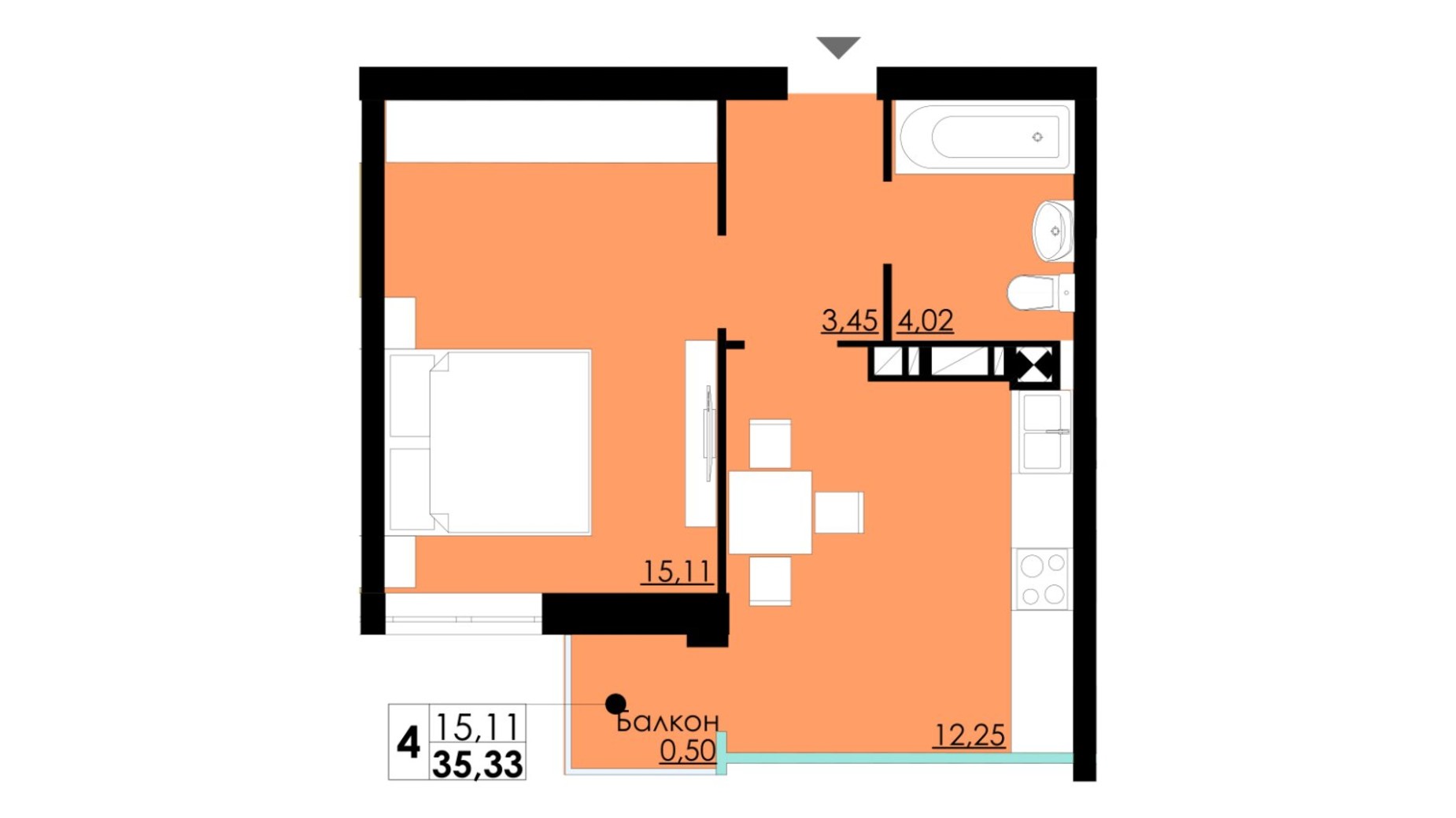 Планування 1-кімнатної квартири в ЖК Comfort City 35.33 м², фото 566378