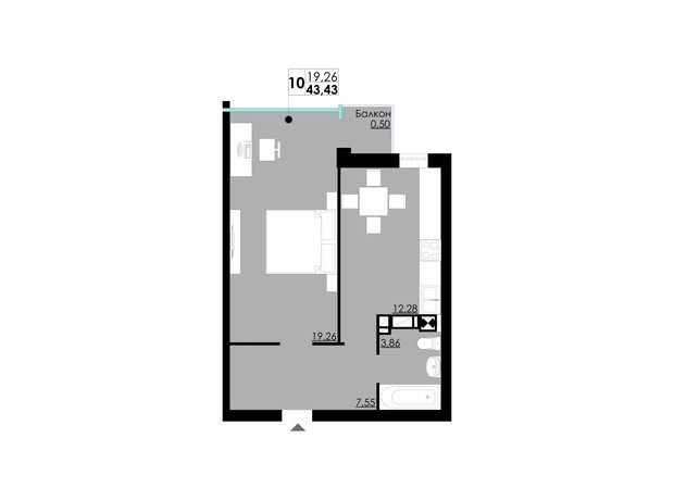 ЖК Comfort City: планування 1-кімнатної квартири 43.43 м²