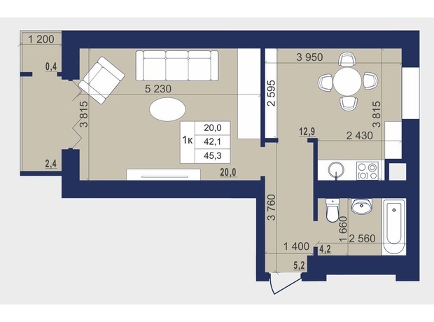 ЖК Набережний: планування 1-кімнатної квартири 45.1 м²