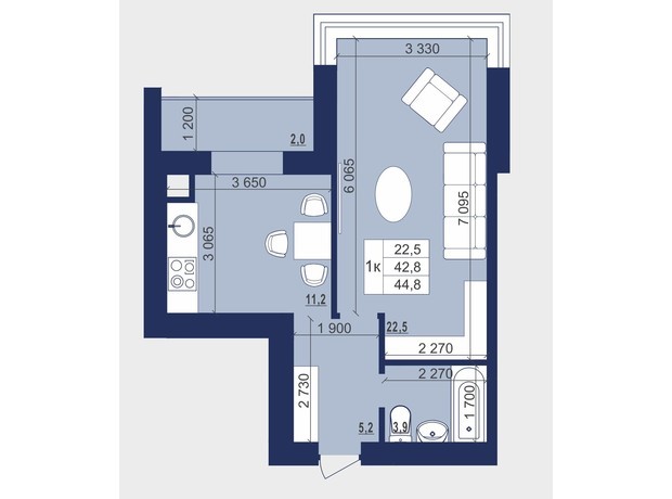 ЖК Набережний: планування 1-кімнатної квартири 44.8 м²