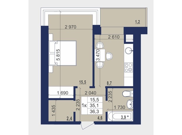 ЖК Набережный: планировка 1-комнатной квартиры 36.3 м²