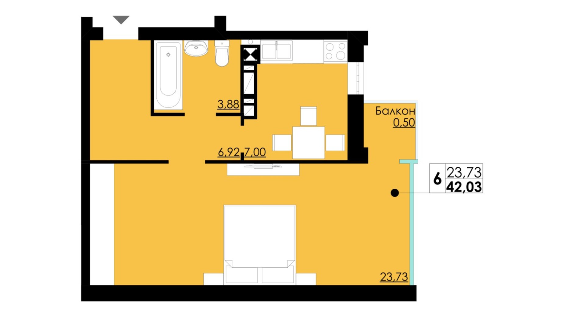 Планування 1-кімнатної квартири в ЖК Comfort City 42.03 м², фото 566568