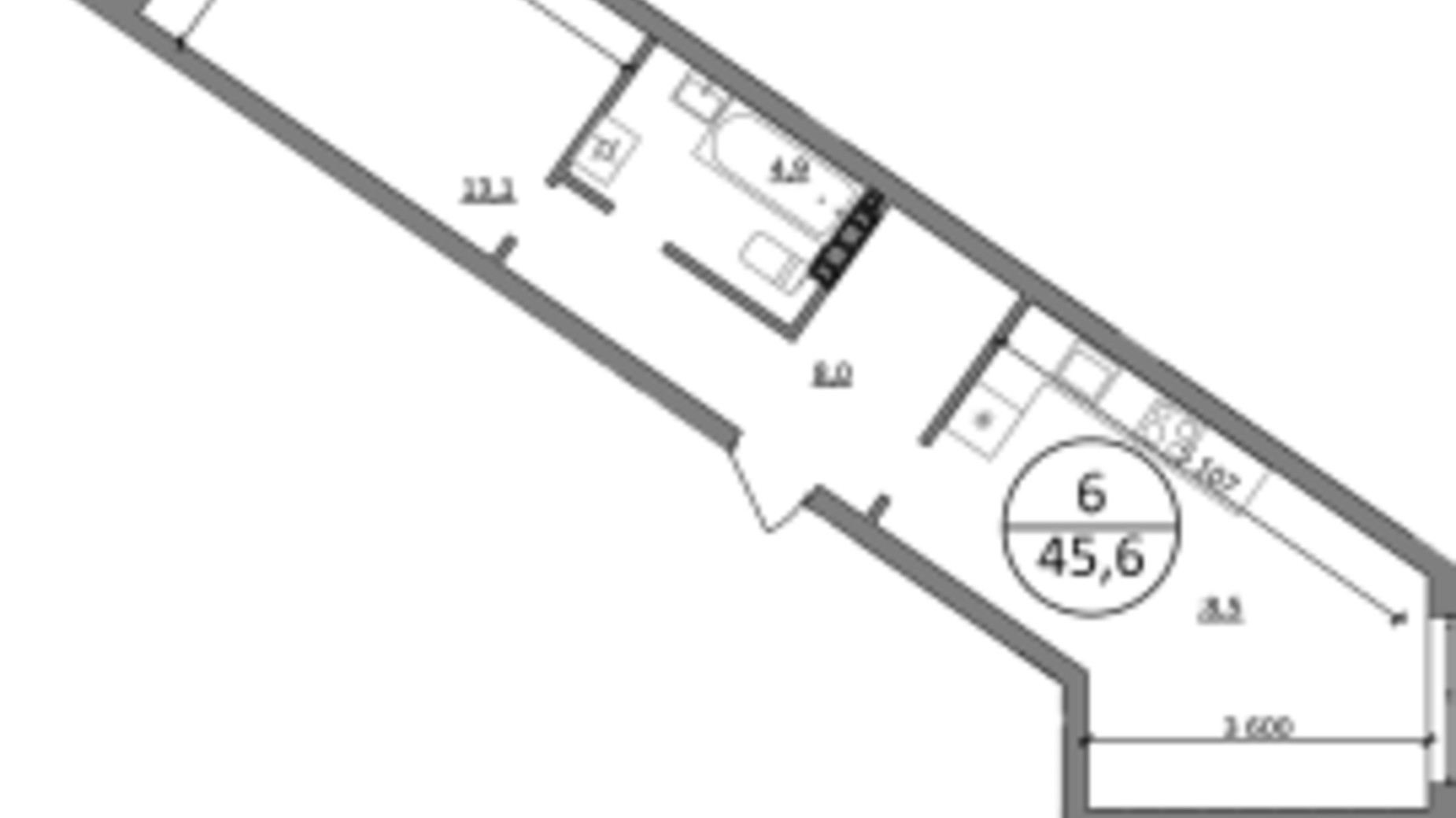 Планування 1-кімнатної квартири в ЖК Грінвуд-4  45.6 м², фото 566578