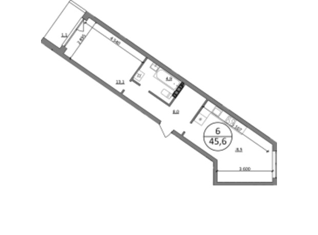 ЖК Грінвуд-4 : планування 1-кімнатної квартири 45.6 м²