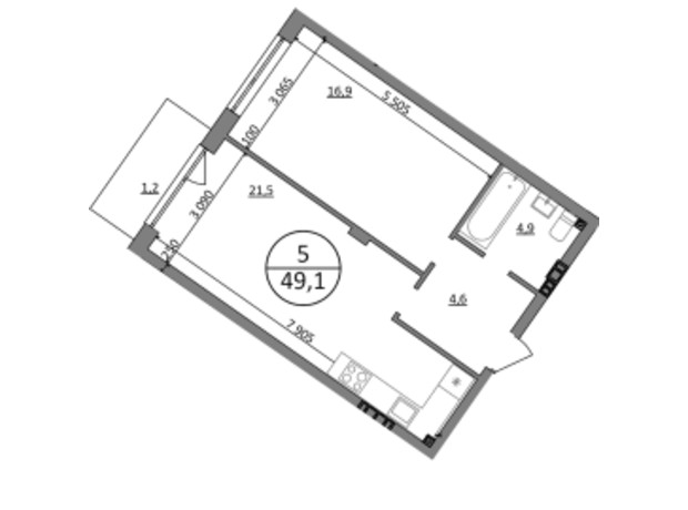 ЖК Грінвуд-4 : планування 1-кімнатної квартири 49.1 м²