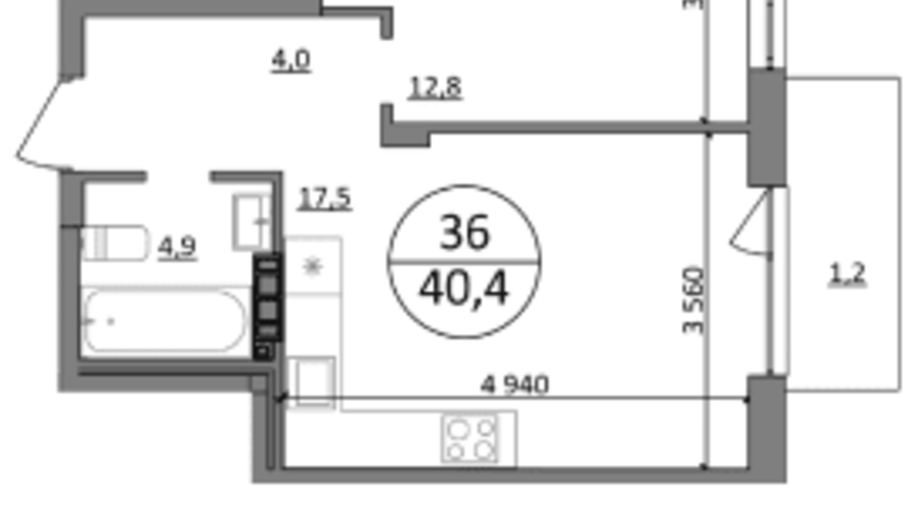 Планування 1-кімнатної квартири в ЖК Грінвуд-4  40.4 м², фото 566583