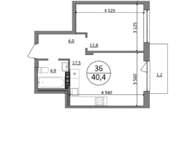 ЖК Грінвуд-4 : планування 1-кімнатної квартири 40.4 м²