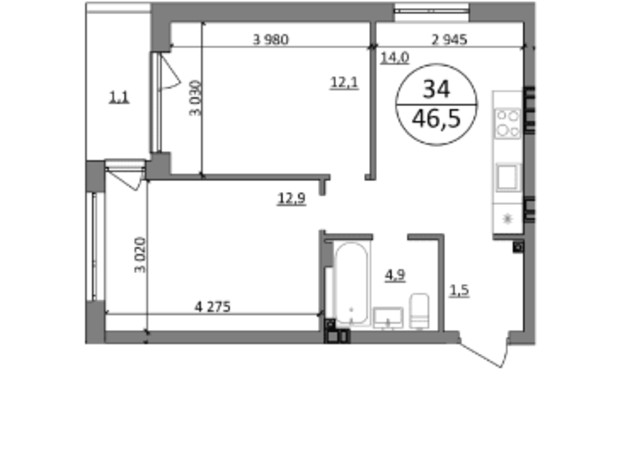 ЖК Гринвуд-4: планировка 2-комнатной квартиры 46.5 м²