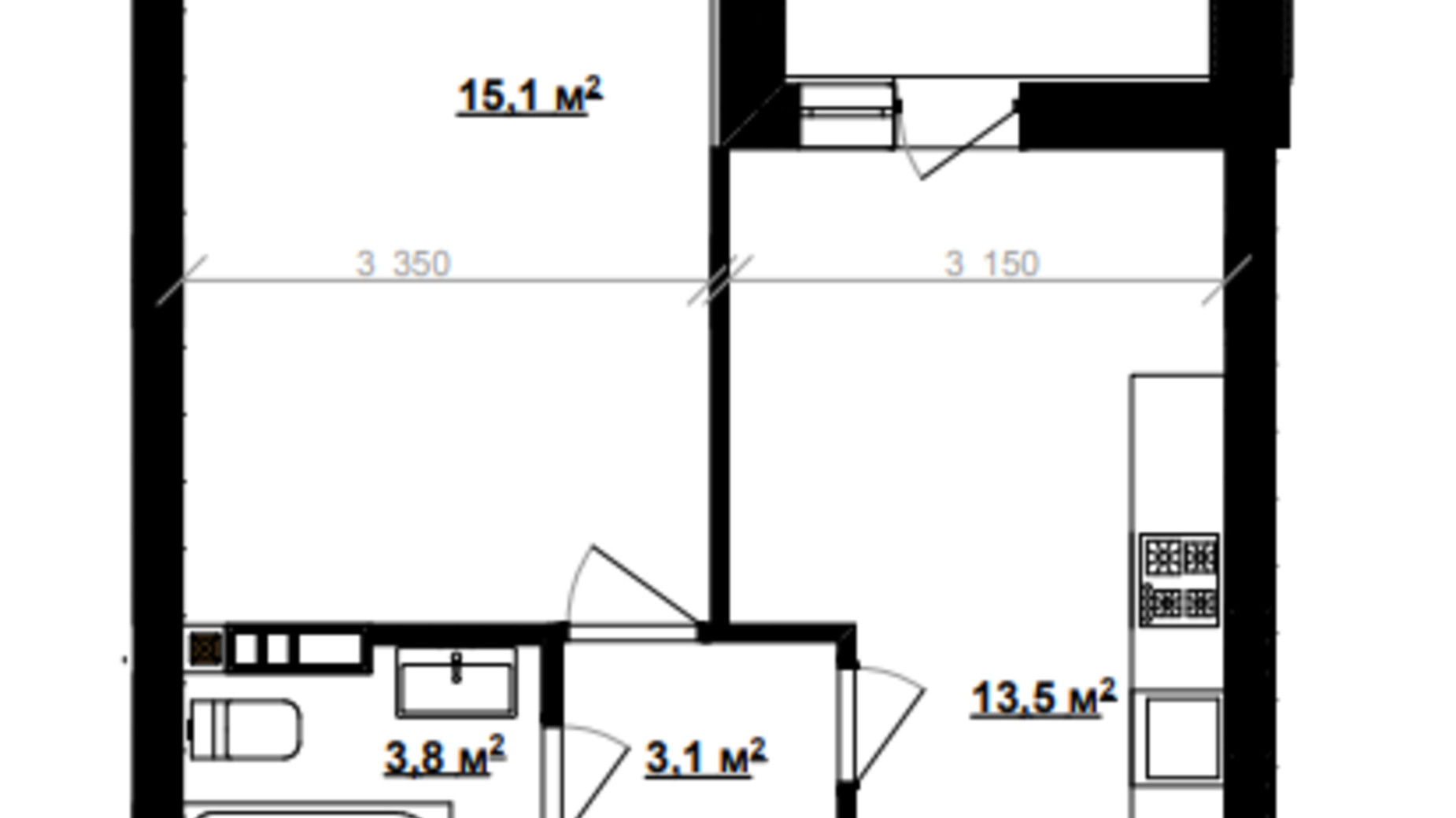 Планировка 1-комнатной квартиры в ЖК Vlasna 37.1 м², фото 566625