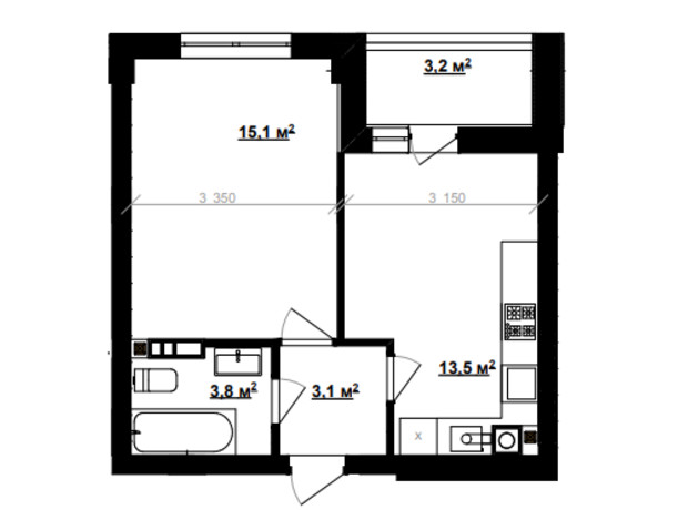 ЖК Vlasna: планування 1-кімнатної квартири 37.1 м²