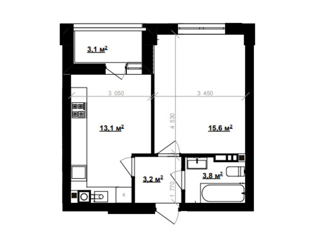 ЖК Vlasna: планування 1-кімнатної квартири 37.2 м²