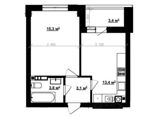 ЖК Vlasna: планування 1-кімнатної квартири 37.3 м²