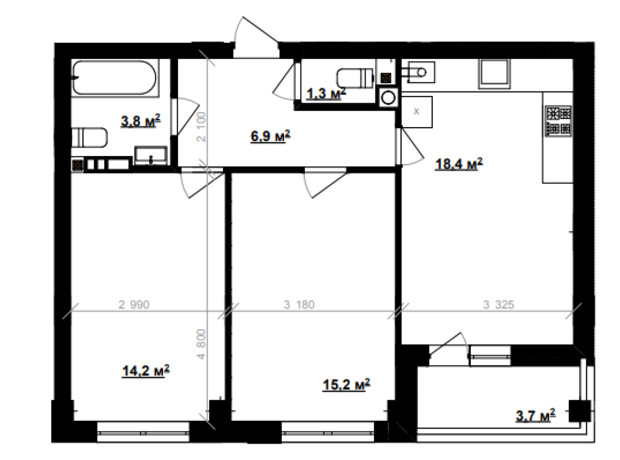 ЖК Vlasna: планування 2-кімнатної квартири 60.9 м²