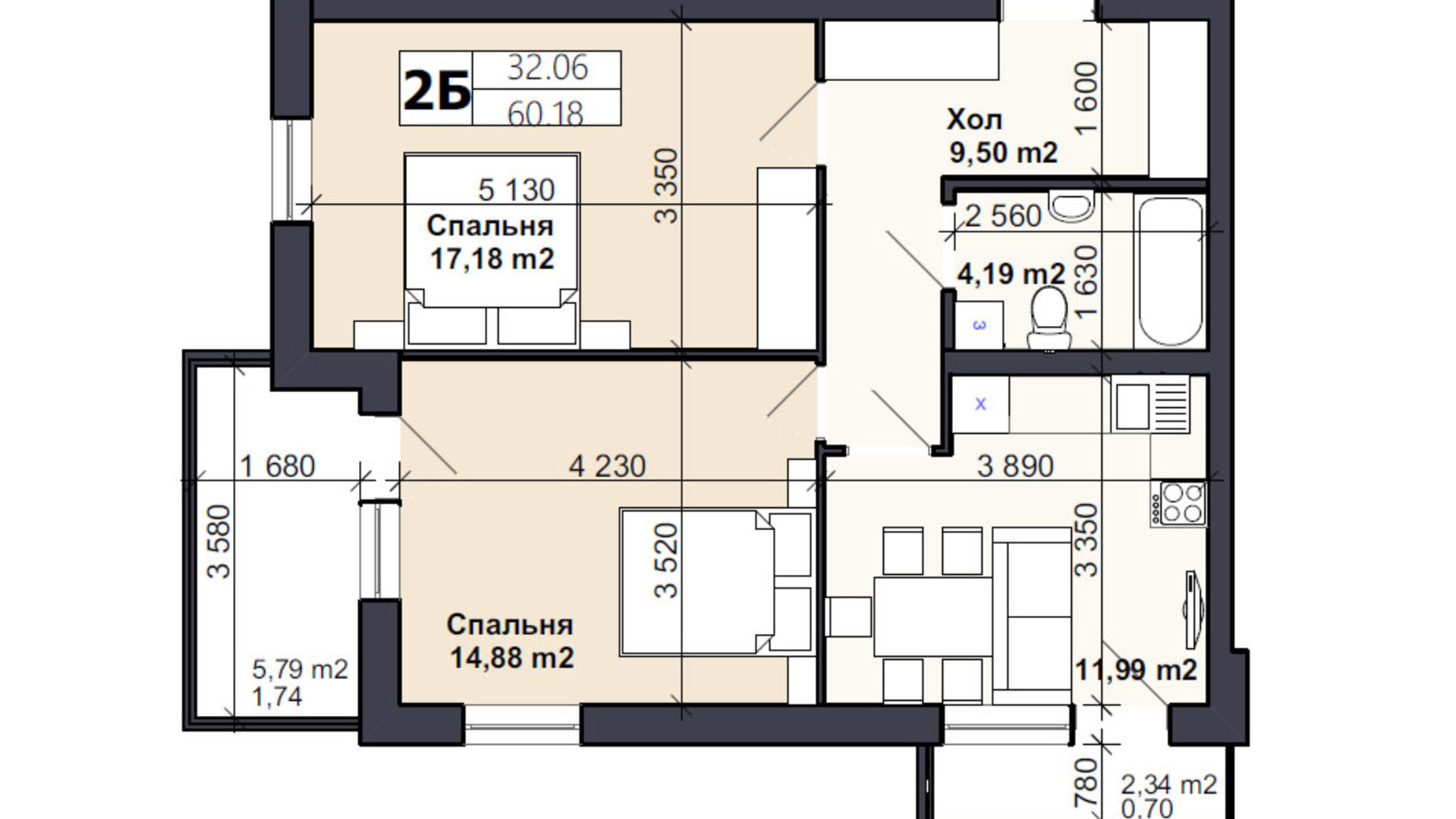 Планування 2-кімнатної квартири в ЖК Саме той 61.2 м², фото 566725