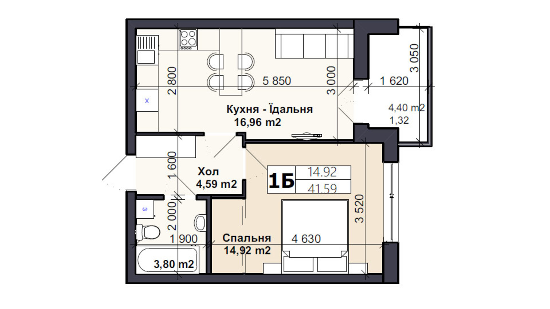 Планування 1-кімнатної квартири в ЖК Саме той 40.7 м², фото 566728