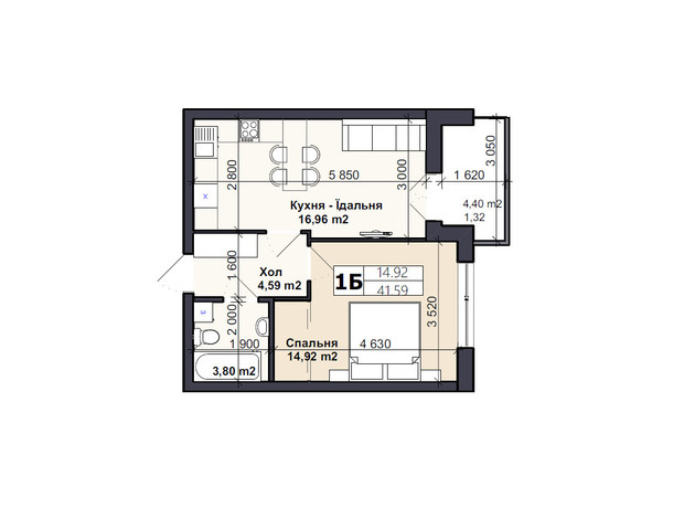 ЖК Саме той: планировка 1-комнатной квартиры 40.7 м²