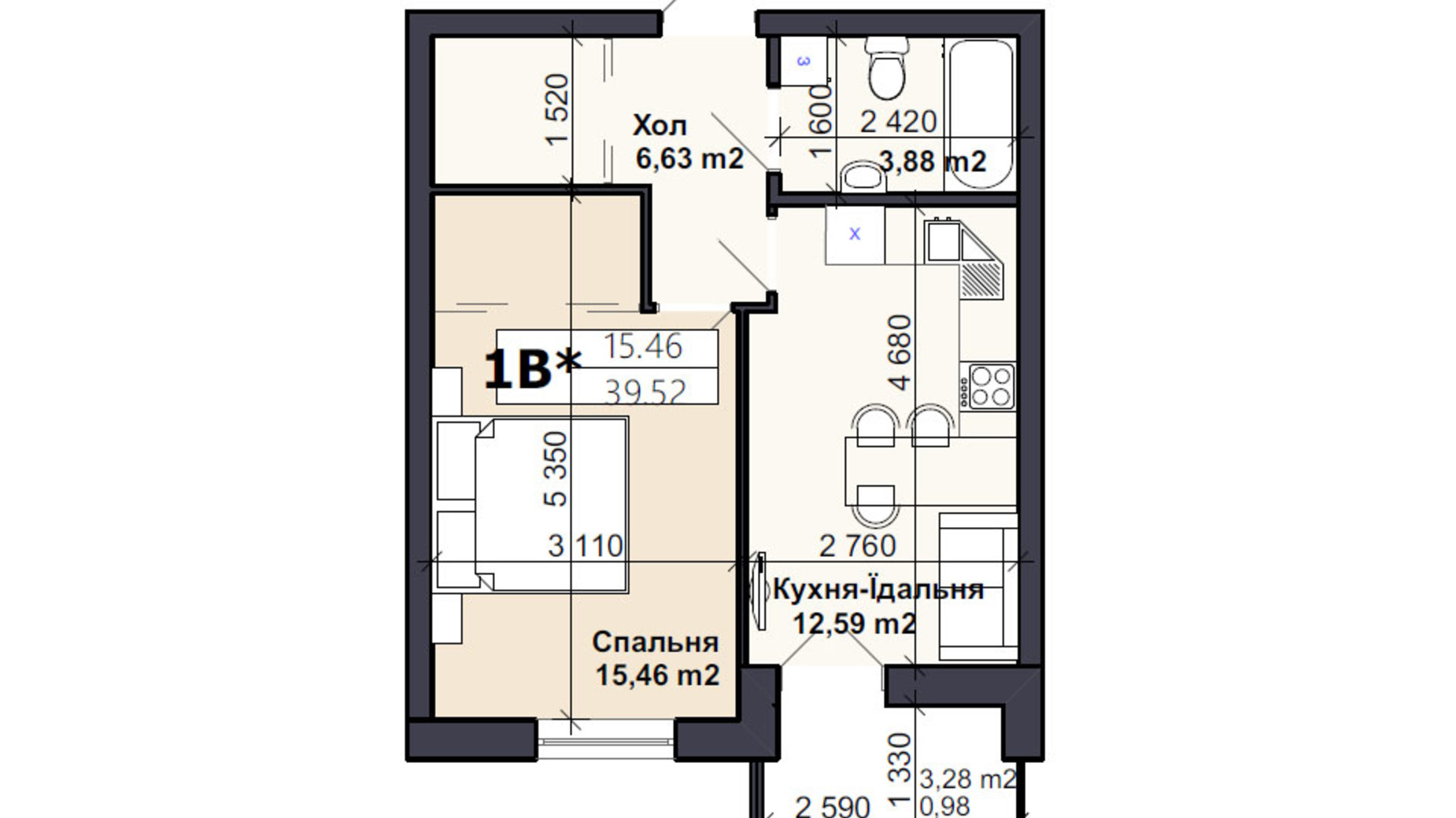 Планування 1-кімнатної квартири в ЖК Саме той 37.3 м², фото 566730