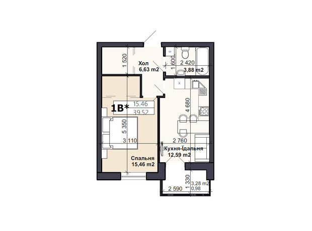 ЖК Саме той: планировка 1-комнатной квартиры 37.3 м²