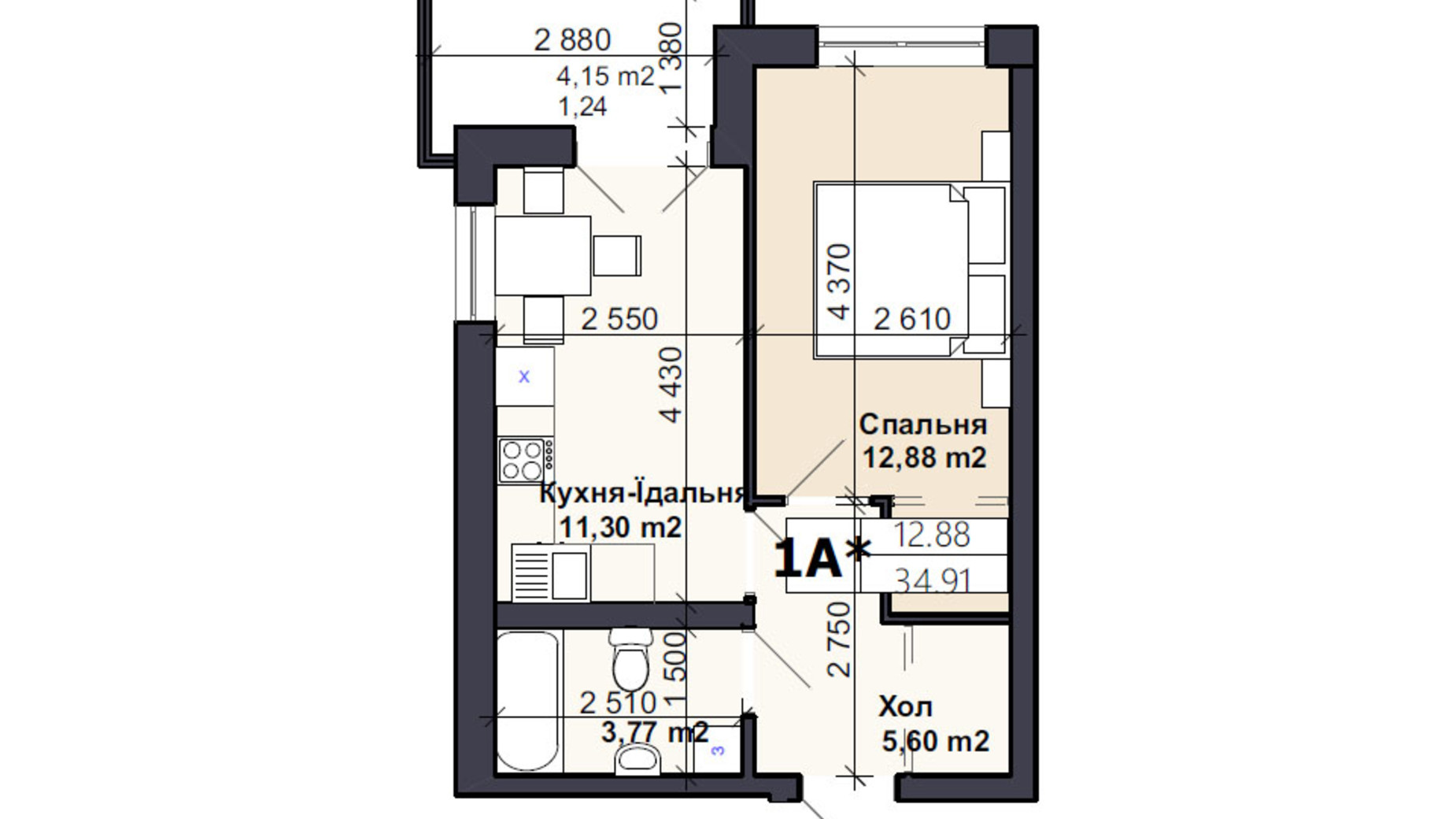 Планування 1-кімнатної квартири в ЖК Саме той 42.3 м², фото 566732