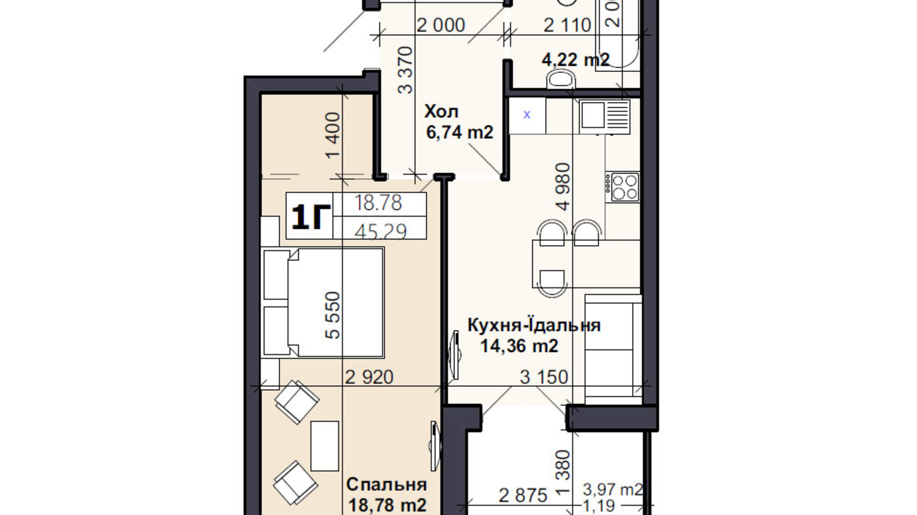 Планування 1-кімнатної квартири в ЖК Саме той 42.4 м², фото 566735