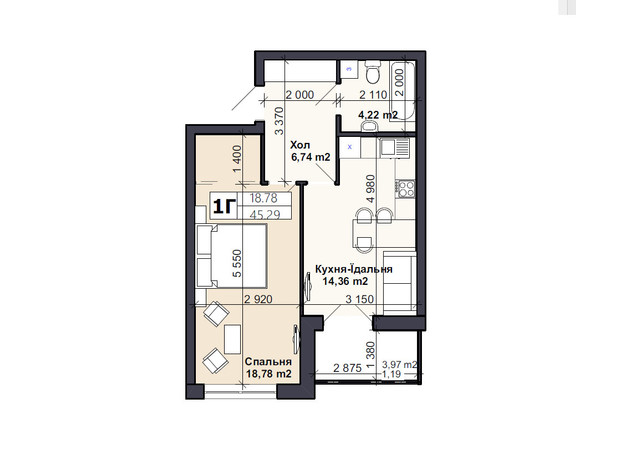 ЖК Саме той: планировка 1-комнатной квартиры 42.4 м²