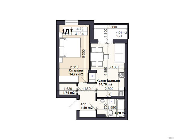 ЖК Саме той: планировка 1-комнатной квартиры 43 м²