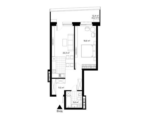 ЖК Diadans: планування 1-кімнатної квартири 64.2 м²