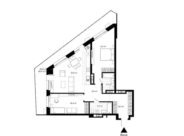 ЖК Diadans: планировка 2-комнатной квартиры 106.4 м²