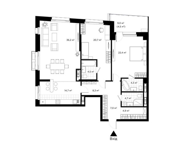 ЖК Diadans: планировка 3-комнатной квартиры 132.2 м²