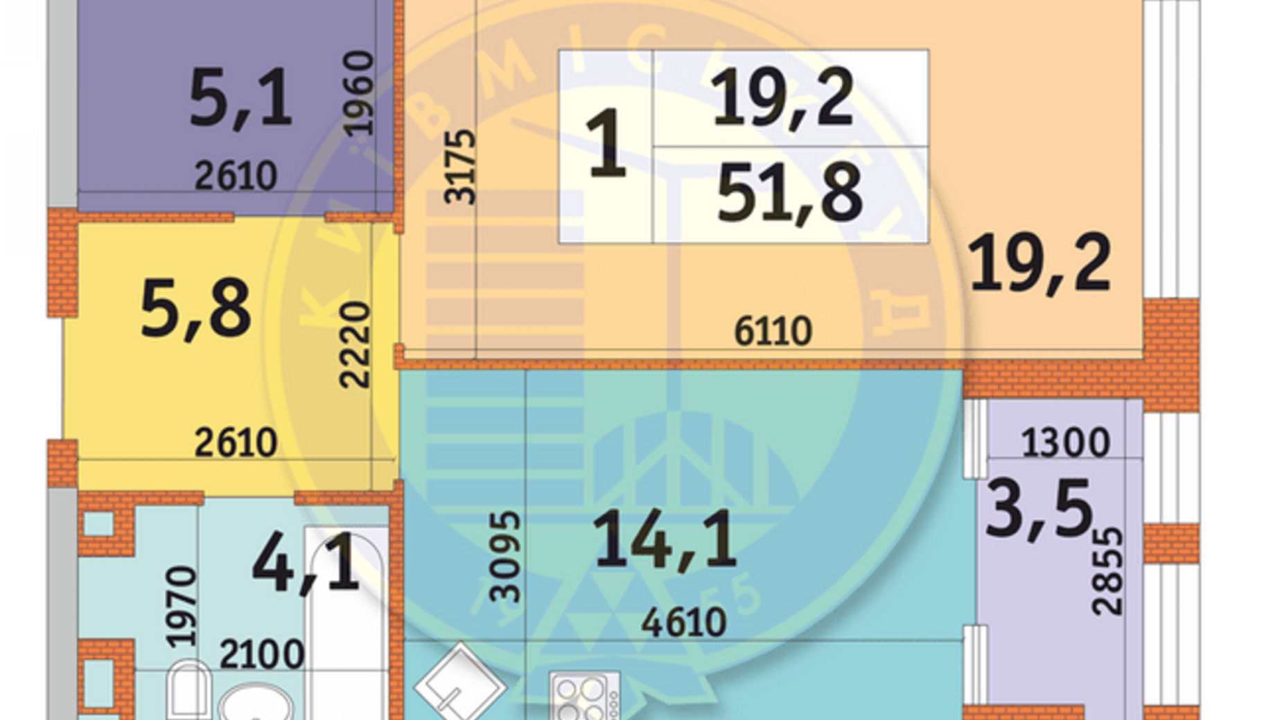 Планування 1-кімнатної квартири в ЖК Manhattan City 51.8 м², фото 566879