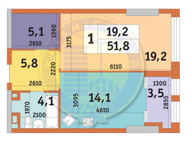 ЖК Manhattan City: планування 1-кімнатної квартири 51.8 м²