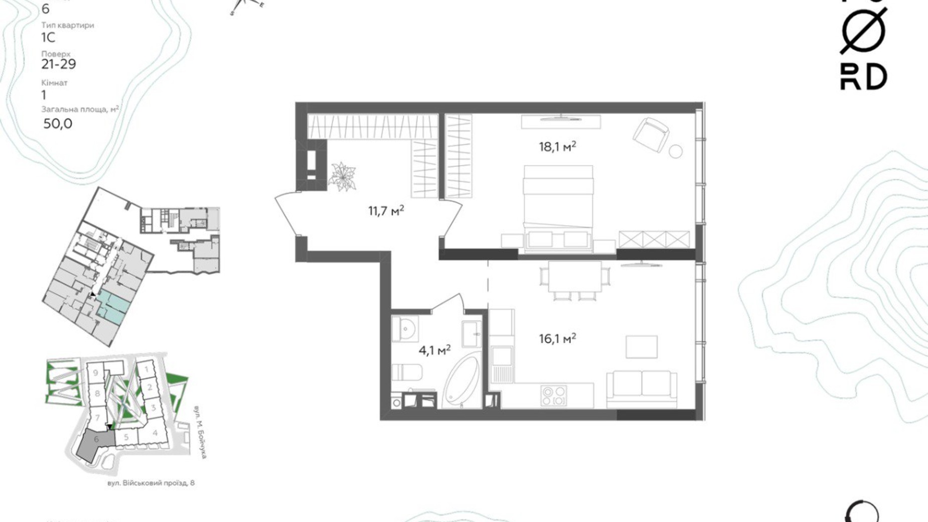 Планировка 1-комнатной квартиры в ЖК Fjord 50 м², фото 566881