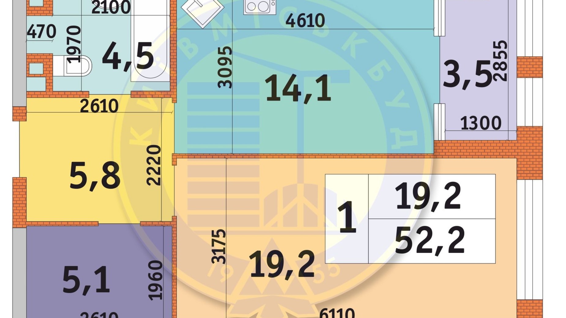 Планування 1-кімнатної квартири в ЖК Manhattan City 52.2 м², фото 566894