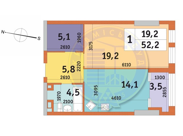 ЖК Manhattan City: планування 1-кімнатної квартири 52.2 м²