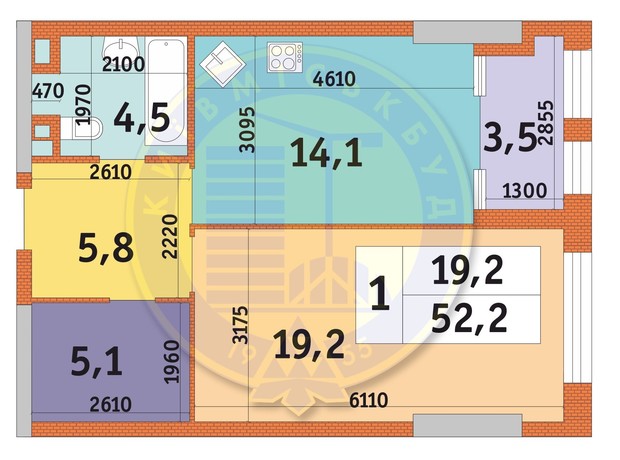 ЖК Manhattan City: планування 1-кімнатної квартири 52.2 м²