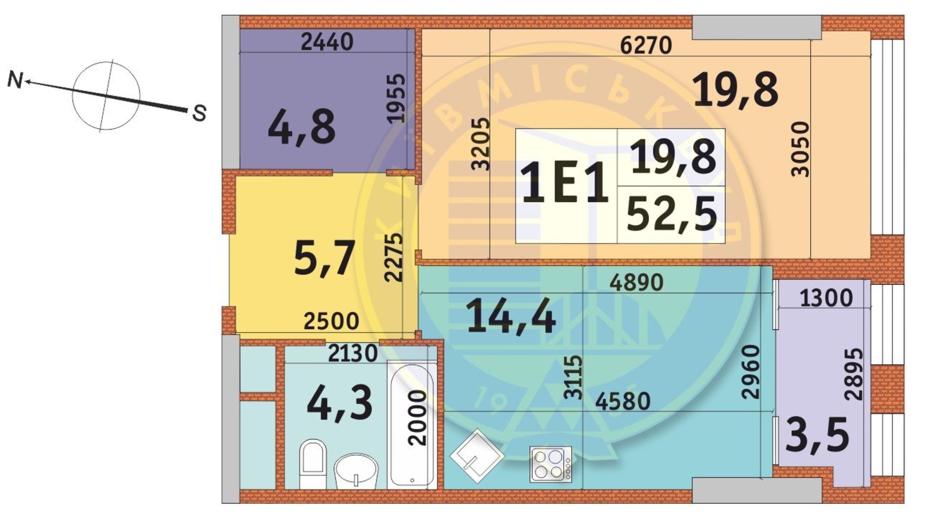 Планування 1-кімнатної квартири в ЖК Manhattan City 52.5 м², фото 566898