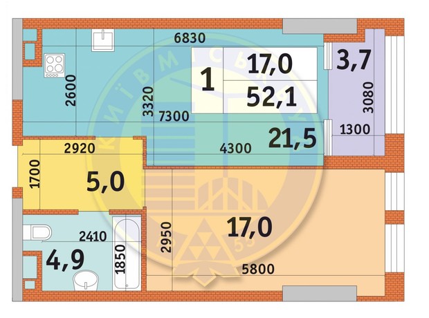 ЖК Manhattan City: планировка 1-комнатной квартиры 52.1 м²