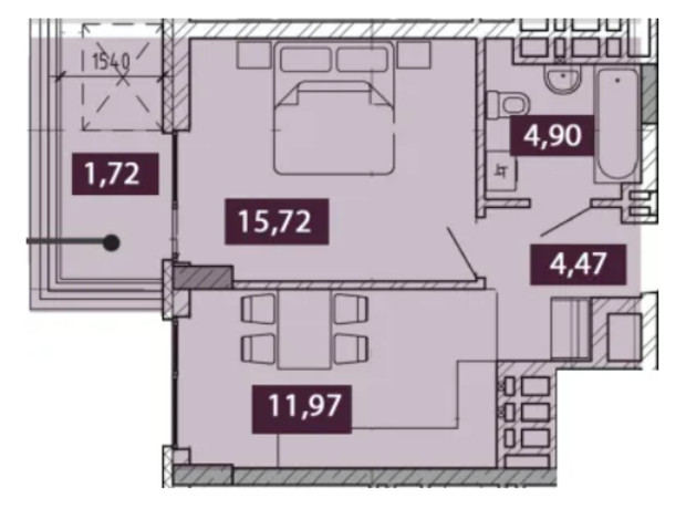 ЖК Novo Residence: планировка 1-комнатной квартиры 38.28 м²