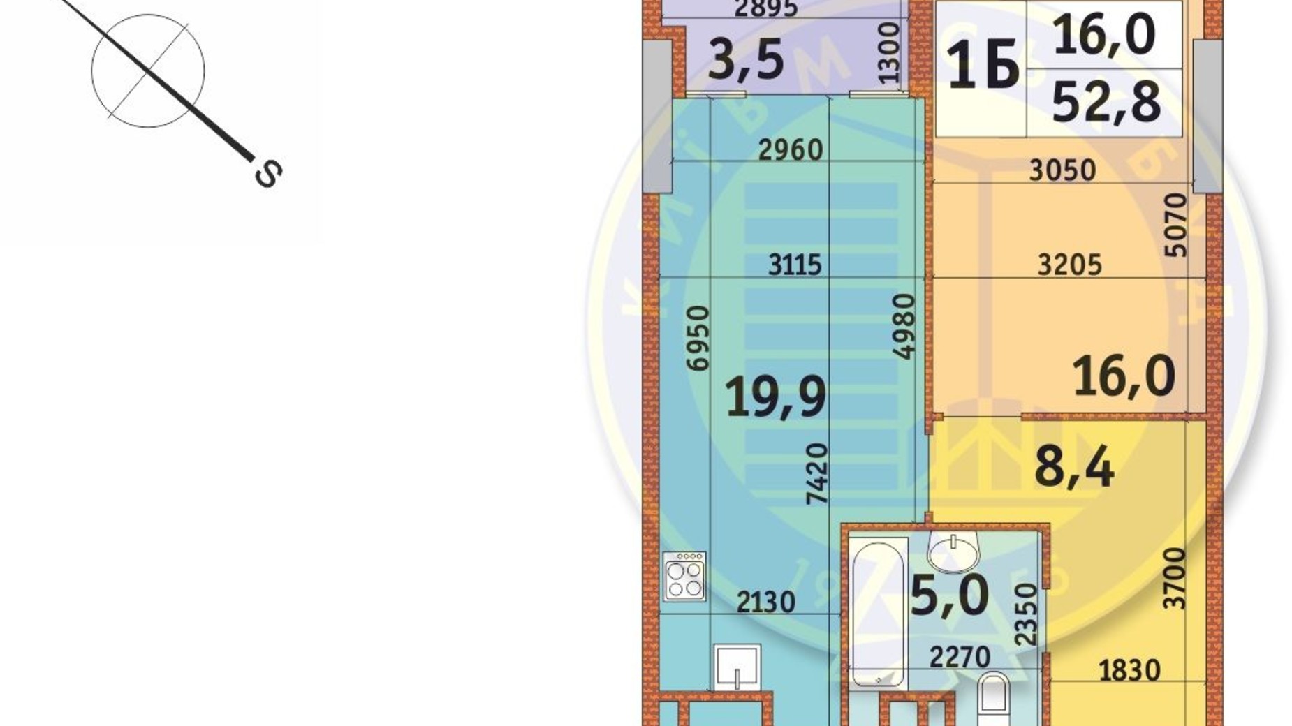 Планування 1-кімнатної квартири в ЖК Manhattan City 52.8 м², фото 566906