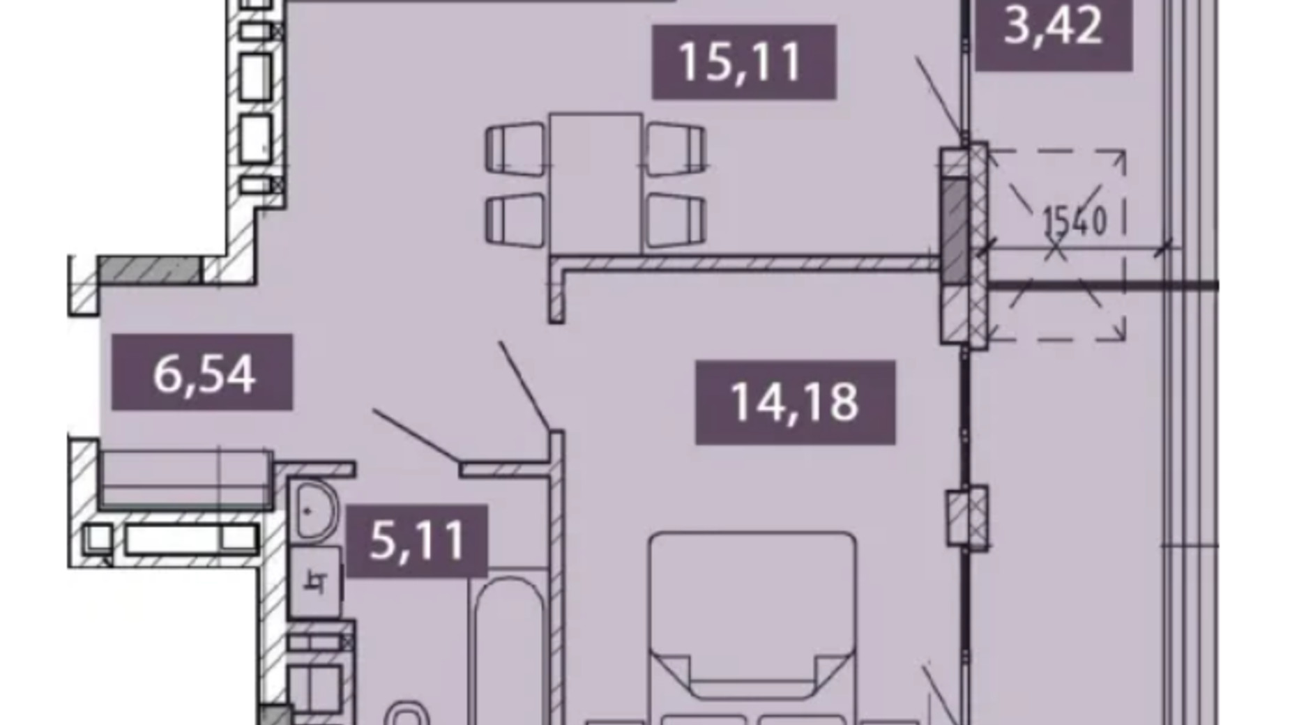 Планировка 1-комнатной квартиры в ЖК Novo Residence 44.36 м², фото 566908