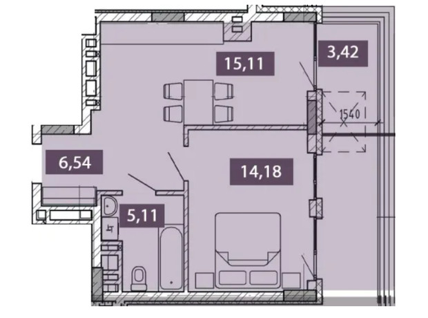 ЖК Novo Residence: планировка 1-комнатной квартиры 44.36 м²