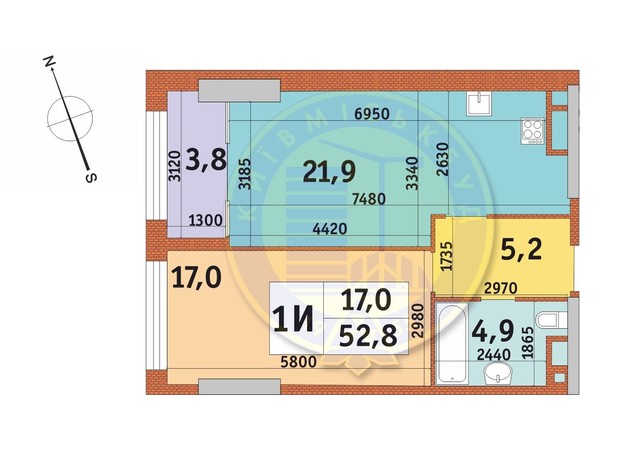 ЖК Manhattan City: планування 1-кімнатної квартири 52.7 м²