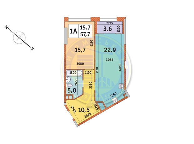 ЖК Manhattan City: планування 1-кімнатної квартири 57.7 м²